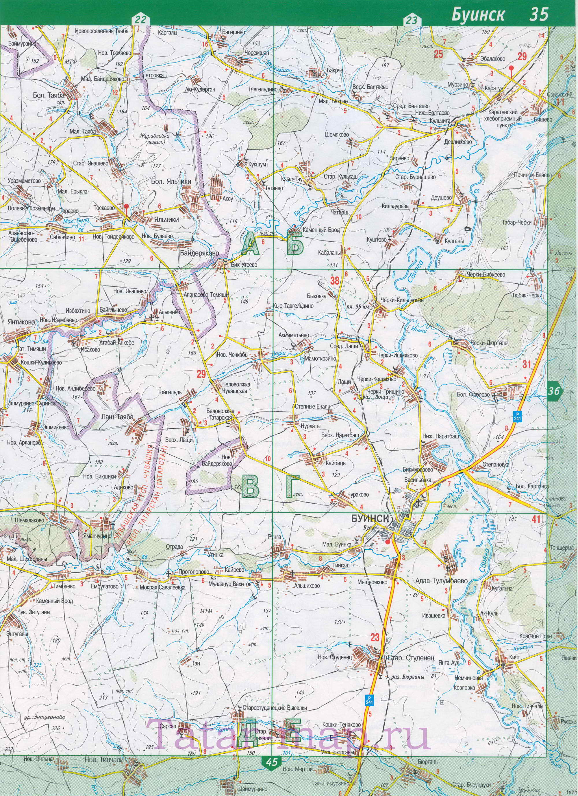Буинский район на карте Татарии. Карта Буинского района подробная, B0 - 